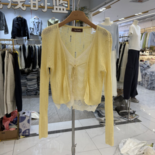 假两件上衣女 韩系设计感拼接V领绑带针织开衫 One Family77035春季