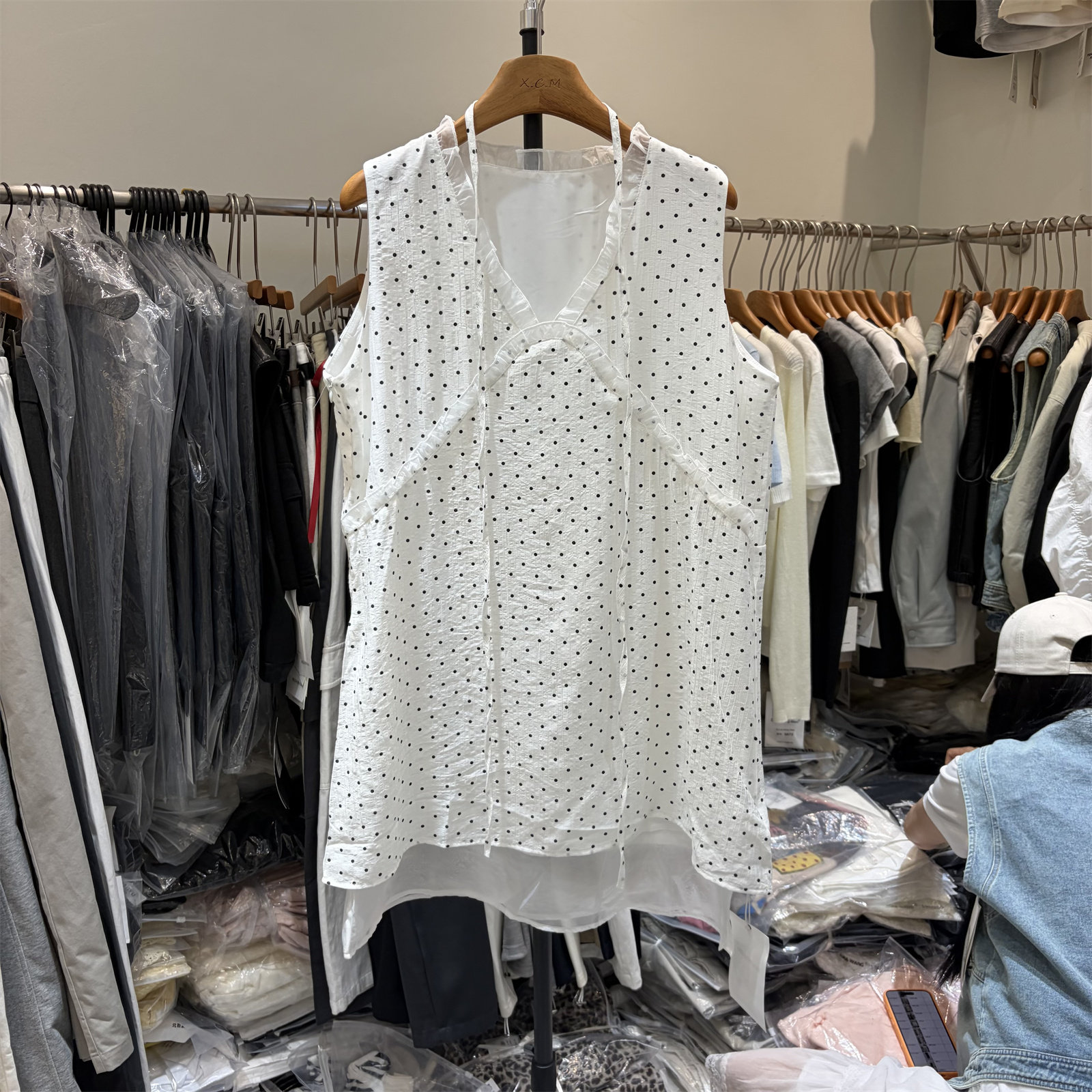 欧洲站2026年春夏韩系宽松拼接木耳边V领中长款波点背心裙女6186