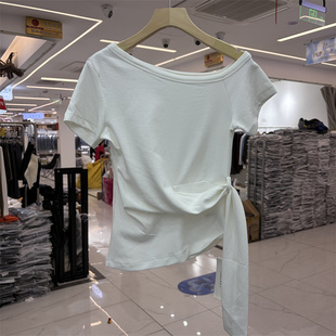 元熙268073正品韩系时尚一字领斜肩系带收腰短袖T恤打底衫上衣女