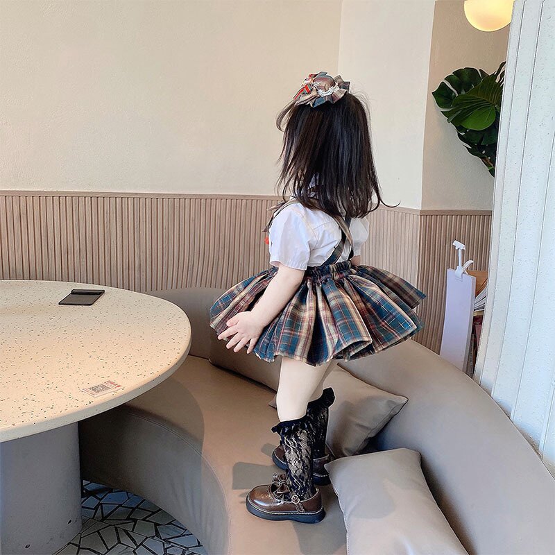 女童半身裙JK蓬蓬裙夏季女宝宝背带公主裙炸屁百褶短裙蝴蝶结格子