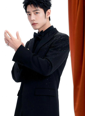 肖战明星同款高级感黑色设计感满天星西服外套男主持黑色演出套装