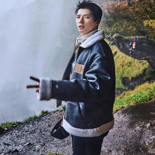 王安宇明星同款羊羔毛皮毛一体男士外套秋冬翻领加绒加厚皮夹克潮