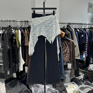 韩系25秋冬Esu新款高腰设计不规则蕾丝屁帘显瘦喇叭弹力牛仔裤女