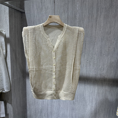 V领垫肩无袖镂空针织开衫上衣女
