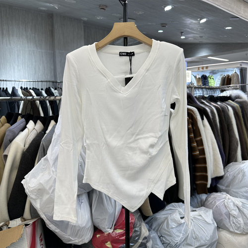 不规则纯色磨毛长袖T恤打底衫