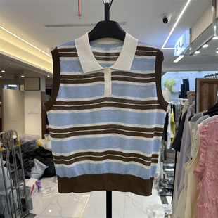 翻领无袖 韩系2025夏季 针织马甲女宽松显瘦百搭条纹冰丝背心上衣潮