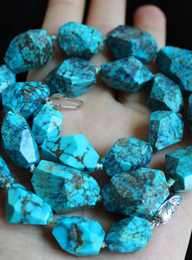 西洋古董首饰珠宝欧洲回流进口二手瓷松石美国绿松石刻面银项链