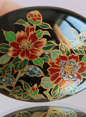 西洋古董珠宝首饰进口金莳绘水牛角镶螺钿吊坠项链胸针胸花