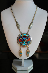 西洋古董珠宝首饰印第安Navajo纳瓦霍绿松石项链吊坠