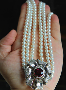 西洋古董珠宝6.91克拉碧玺镶钻石18K阿古屋akoya珍珠项链吊坠胸针