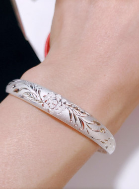 香港正生足银花开富贵手镯首饰S999实心牡丹花送妈妈镯子母亲节礼