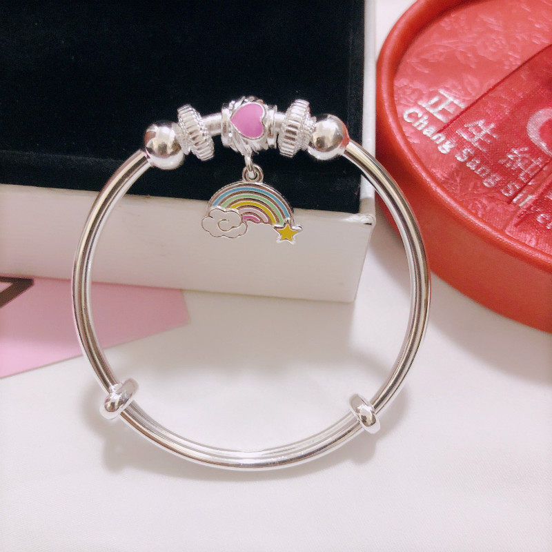 香港正生纯银彩虹爱心串珠中童手镯足银999女学生 镯子送礼物礼物