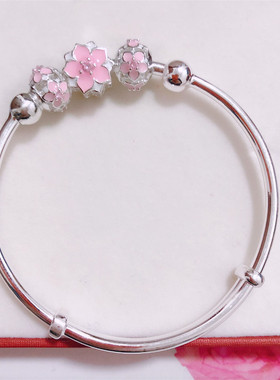 香港正生纯银木棉花推拉手镯足银999女足银年轻招桃花樱花镯礼物