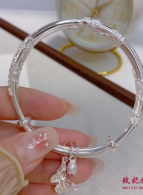 香港正生正品足银9999绕花丝蝴蝶纯银手镯小众首饰百搭轻奢银饰送