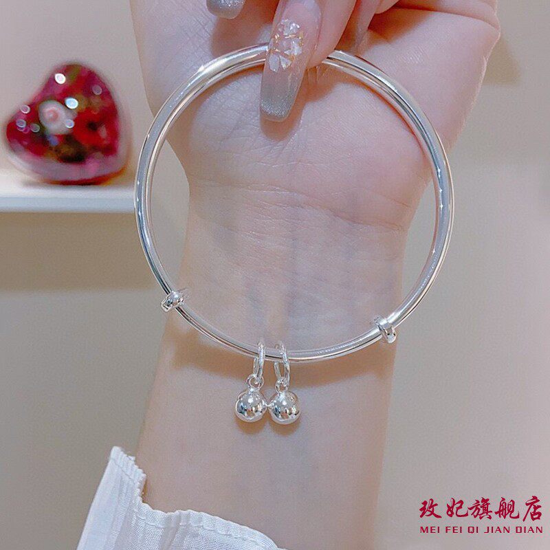 香港正生正品足银9999光面铃铛纯银手镯女手环礼物首饰年轻款送女