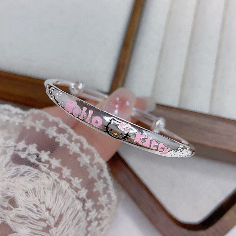 香港正生正品kt猫四叶草蝴蝶结纯银手镯足银9999儿童学生中童女孩