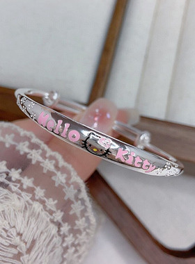 香港正生正品kt猫四叶草蝴蝶结纯银手镯足银9999儿童学生中童女孩