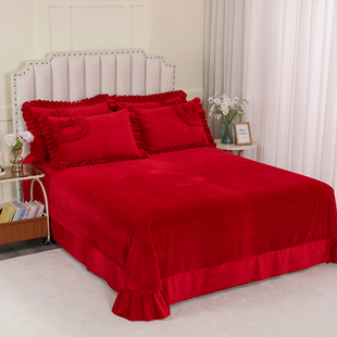 结婚大红加厚宝宝绒床单三件套加绒双人保暖床罩榻榻米加大床单