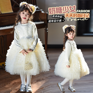 女童公主风网纱连衣裙套装春秋冬背心裙白天鹅生日礼服裙子拜年服