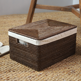 藤编收纳盒筐箱侘寂风棕色咖啡中式盒带盖带内衬越南手工编织自然