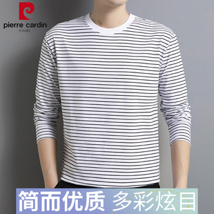 上衣 皮尔卡丹男士 圆领条纹长袖 棉中年打底衫 宽松 春秋季 恤