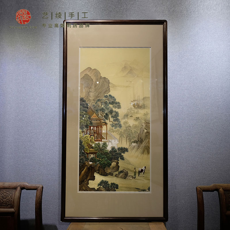 艺绫手工刺绣精品苏绣装饰挂画会所别墅中式玄关画仿古唐伯虎山水图片