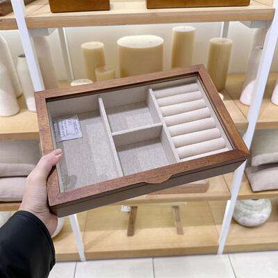 专柜ZaraHome木制亚麻玻璃首饰珠宝盒复古耳环收纳抽屉手表盒