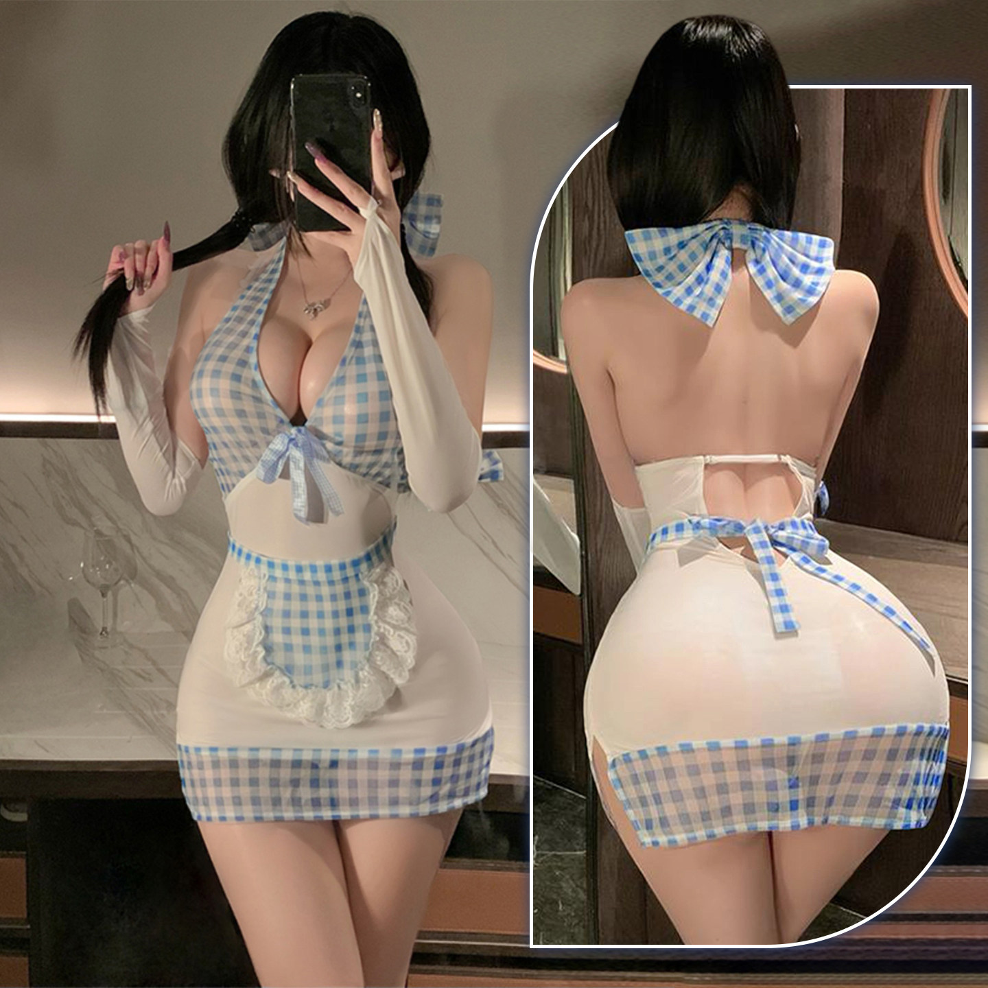 性感深V挂脖睡裙女2026新款女仆cos制服激情风大码胖MM纯欲包臀裙