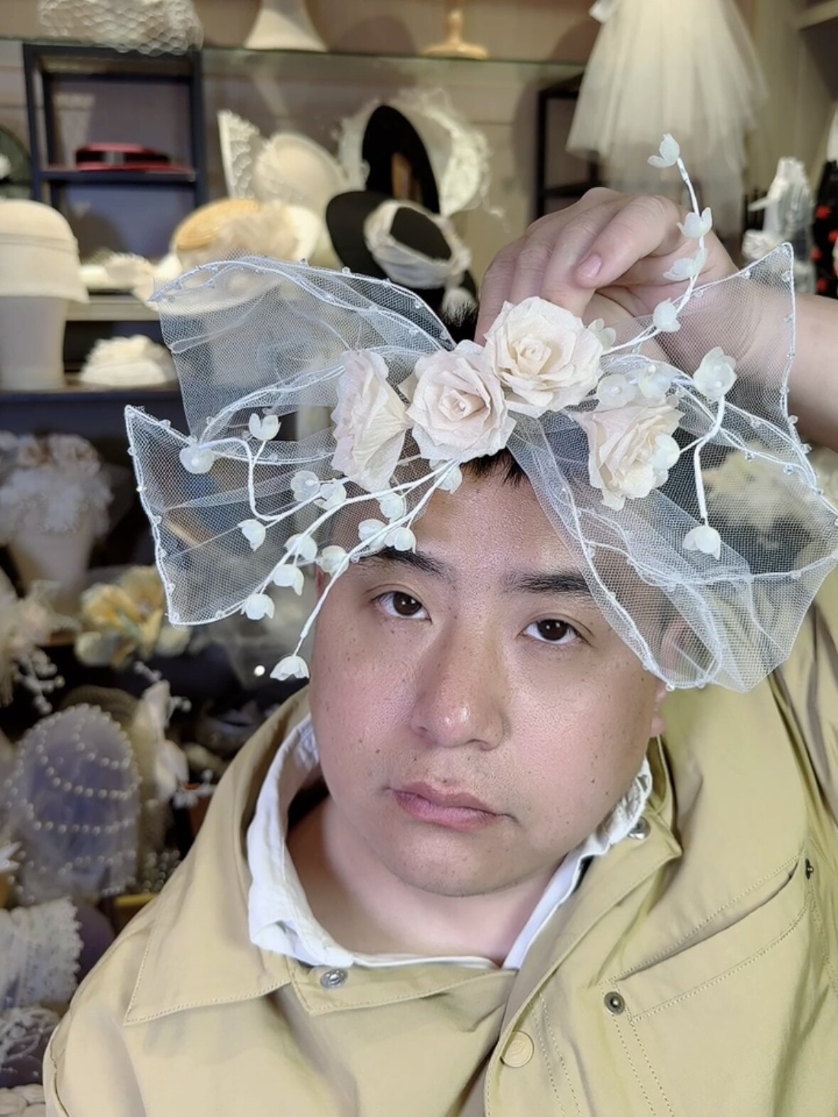 美高原创香槟色手工花铃兰蝴蝶结新娘头饰品跟妆造型影楼拍照旅拍