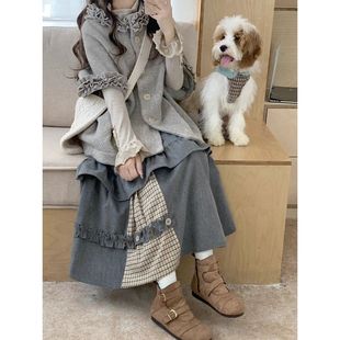 灰色拼接半身裙三件套装 冬季 打底衫 文艺卷边设计感罩衫 复古套装