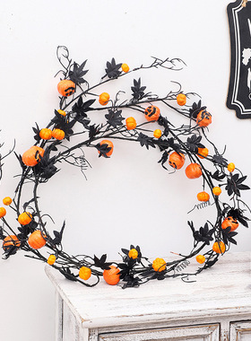 万圣节装饰品黑色枫叶南瓜鬼脸骷髅枯枝藤条花环家居壁挂门头挂件