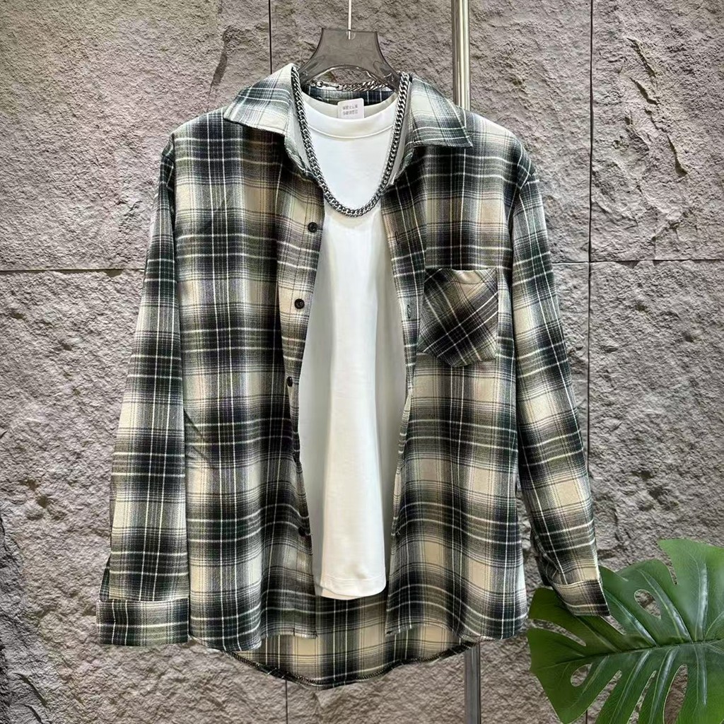 2025早秋新款男士潮流时尚格子长袖衬衫休闲百搭高级感上衣外套潮,男装,衬衫,淘宝优惠券,粉丝福利购,淘宝优惠卷