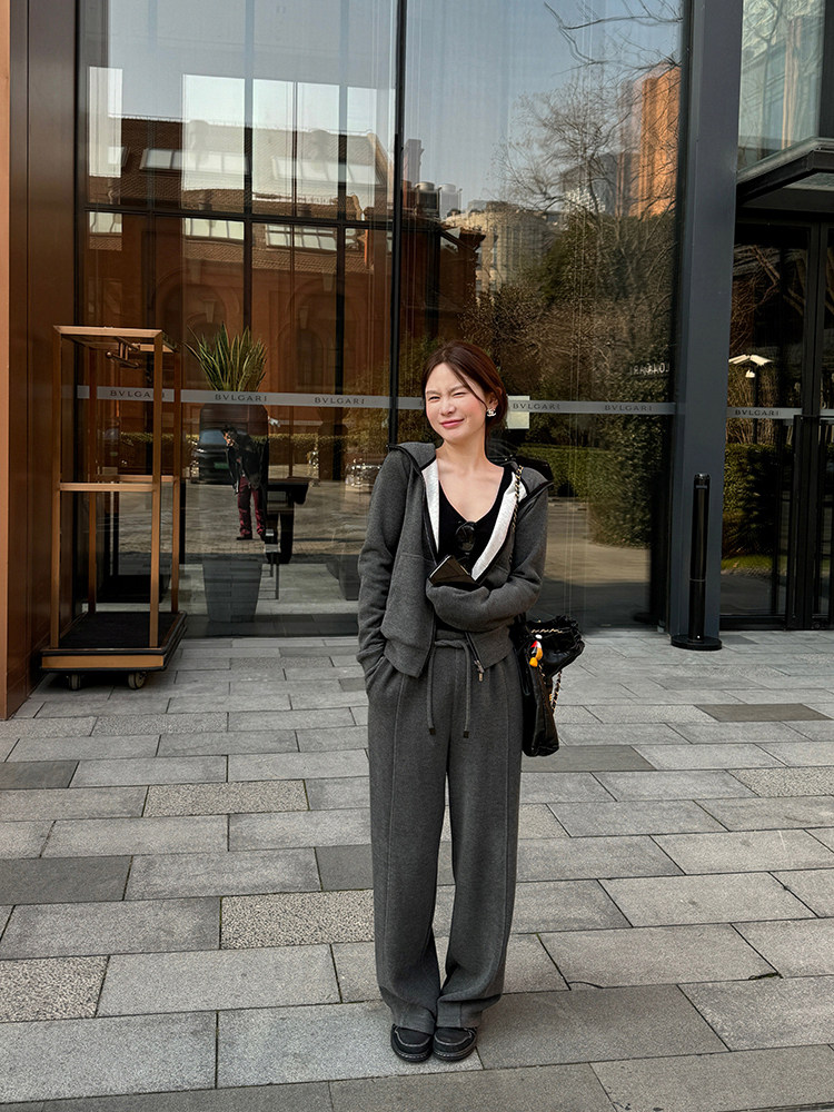 WXLSTUDIO KENDOU 외출 거리 입체 벨벳 캐주얼 후드 스웨트 셔츠 재킷 여성용 스웨트 팬츠|스커트 세트