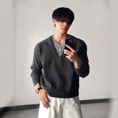 美式cleanfit假两件v领毛衣男款冬季高级感痞帅慵懒风针织亨利衫