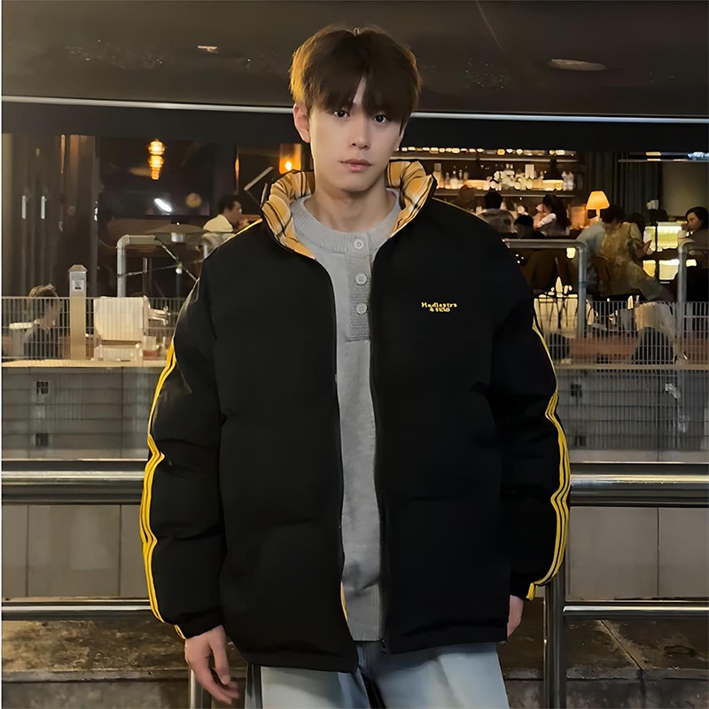 美式短款撞色格子棉服男款冬季三条杠立领外套加厚羽绒棉袄面包服