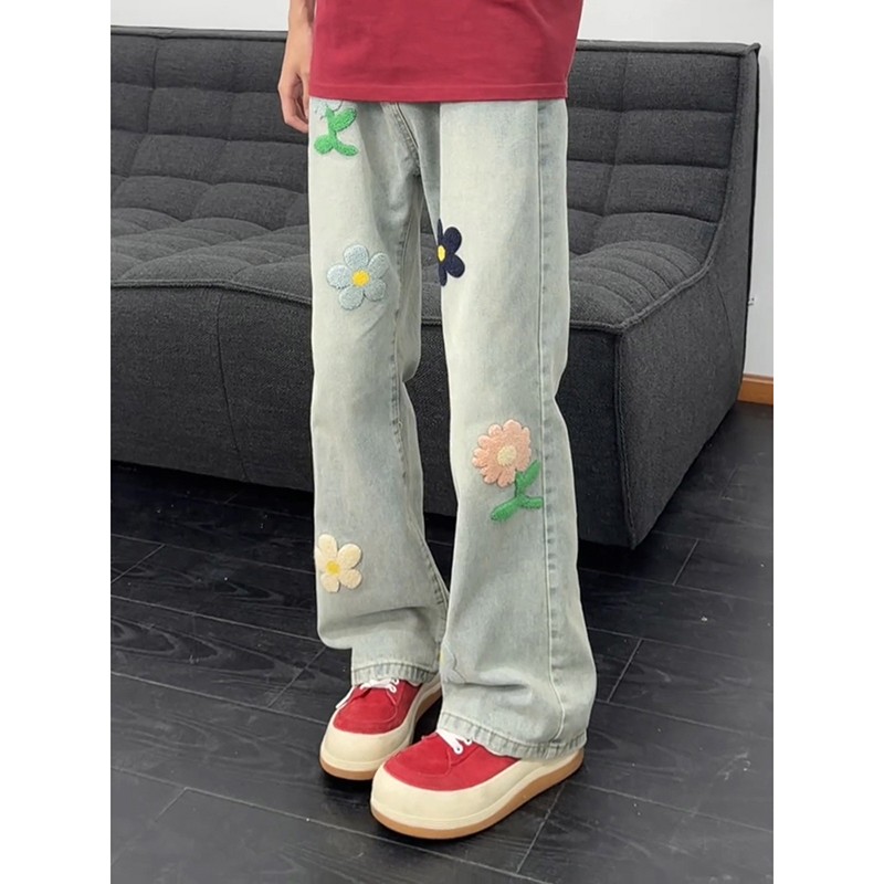美式高街花朵刺绣牛仔裤男春秋
