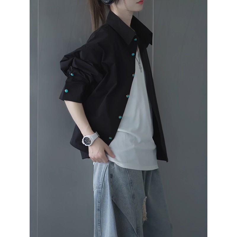 绿松石纽扣白色衬衫男女款春季薄款速干长袖衬衣潮牌百搭情侣外套