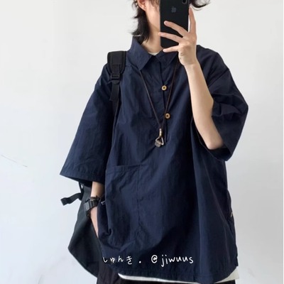 日系藏青色口袋工装衬衫男女高街