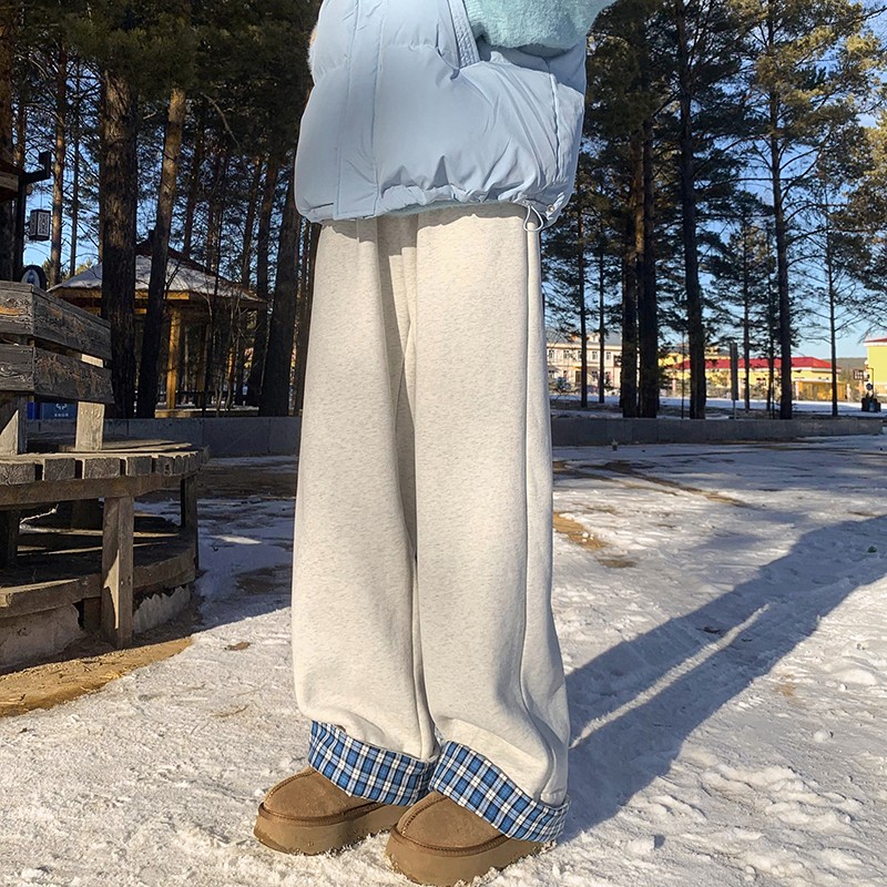 羊羔绒加厚保暖休闲裤子男秋冬宽松直筒阔腿裤格子卷边设计感卫裤