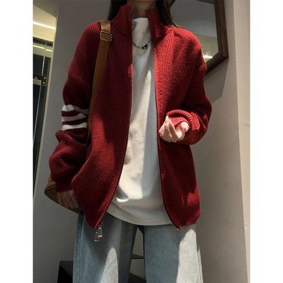 酒红色美式条纹立领毛衣男款秋冬潮牌慵懒风针织衫修身高级感外套