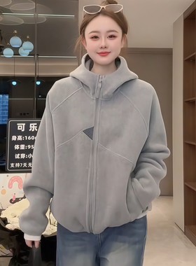 灰色摇粒绒连帽外套男秋冬季结构设计重磅开衫卫衣户外防风抓绒衣