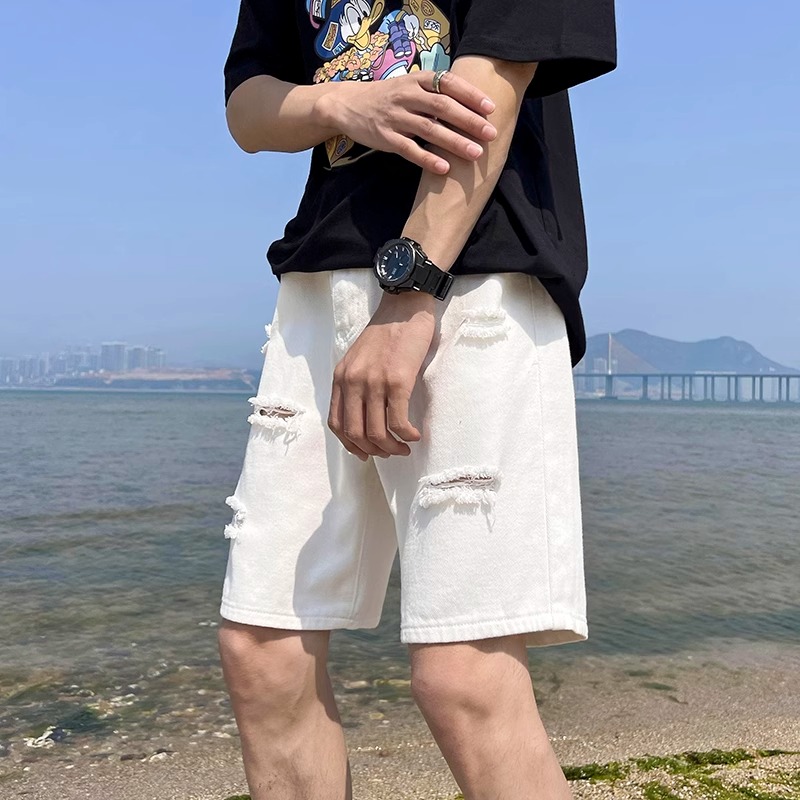 白色破洞刮烂牛仔短裤男春季高街