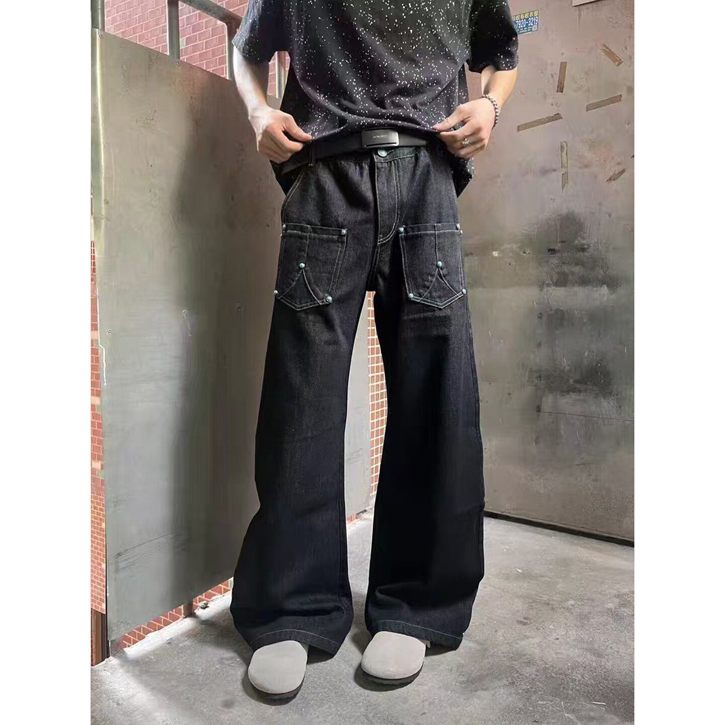 绿松石黑色原牛弯刀牛仔裤男美式