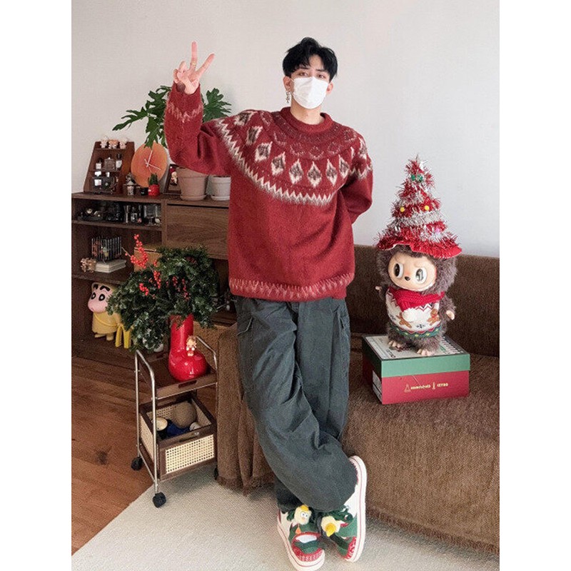 红色费尔岛菱形格圣诞毛衣男冬季