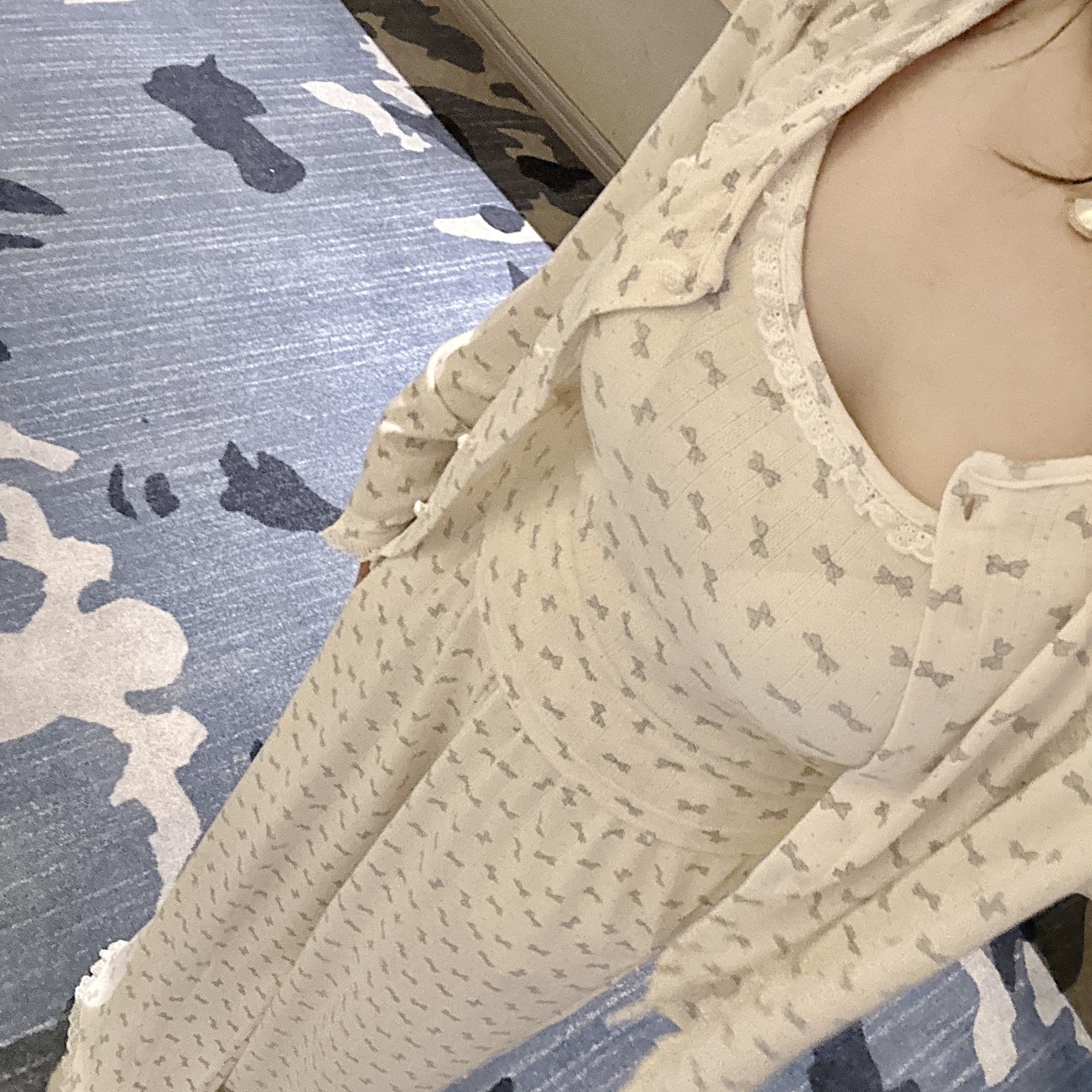 含胸垫~春秋新款韩版长袖提花棉吊带三件套家居服女卡通蝴蝶结薄