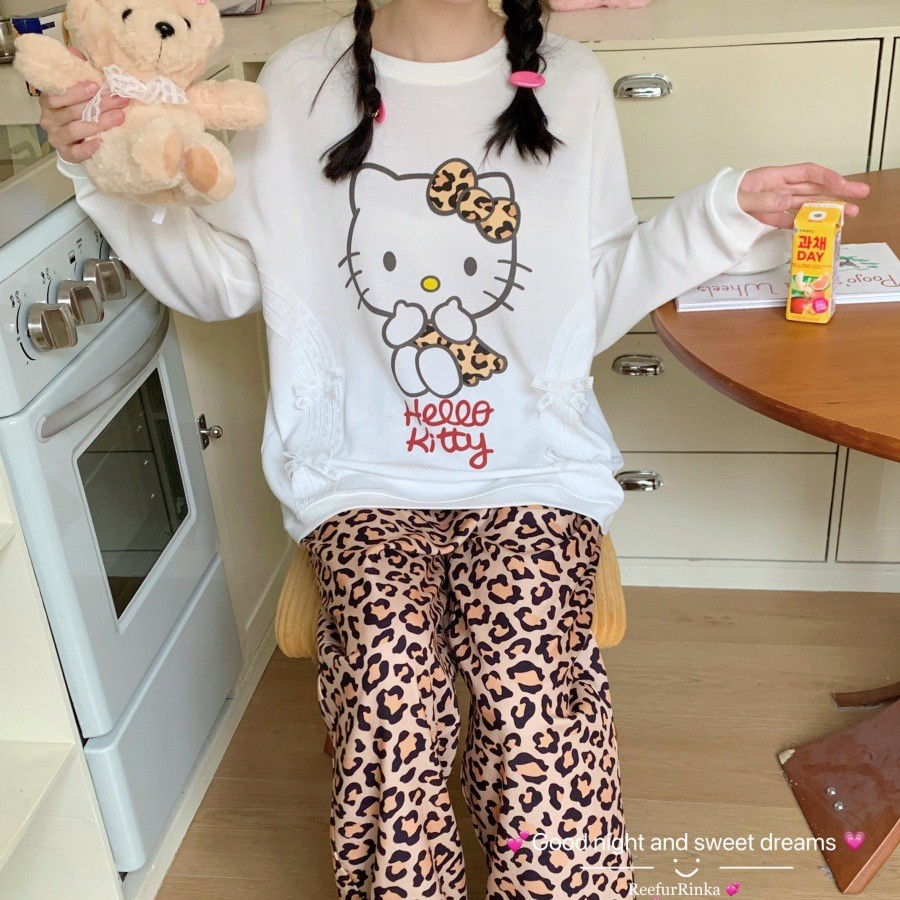 Reefur Rinka梨花家新款秋季长袖卡通爱心kitty花边豹纹家居服
