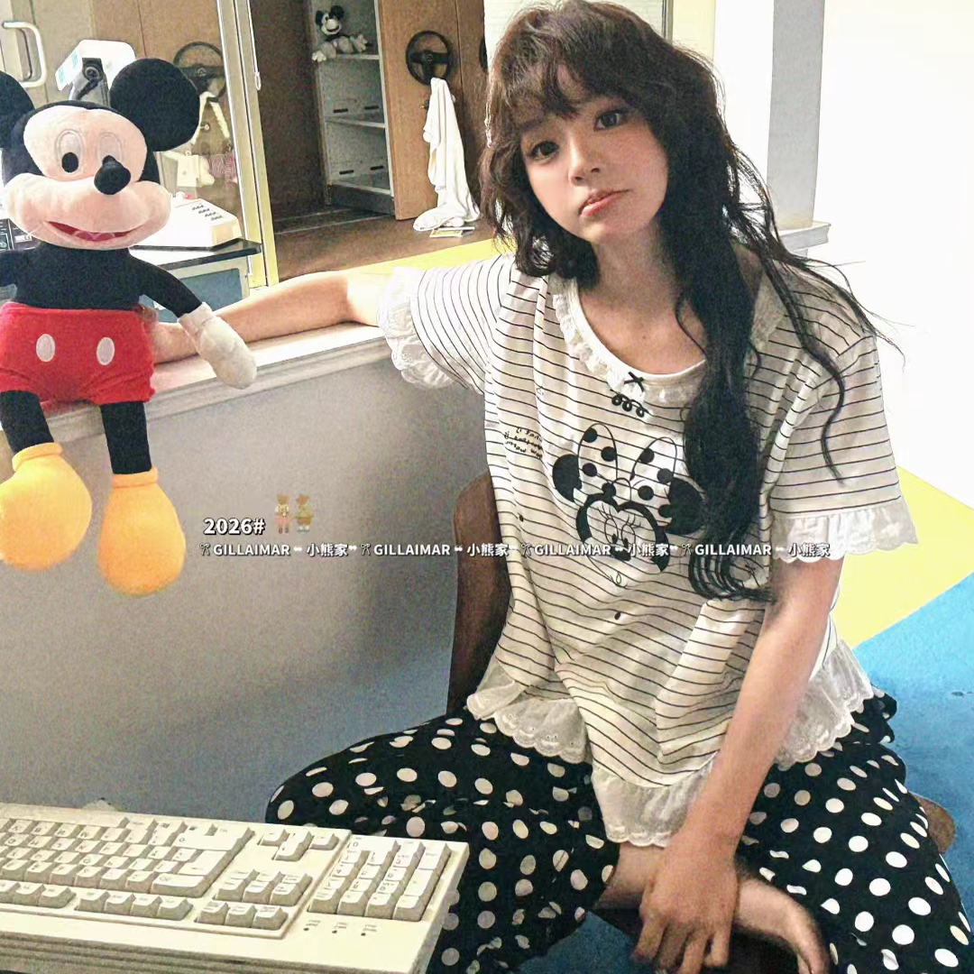 Gill Aimar小熊家夏季新款短袖长裤可爱米妮条纹休闲家居服套装女