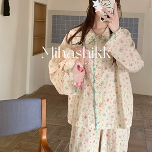 2026春季 长袖 开衫 纯棉婴儿双层纱布睡衣女花边家居服全棉 新款