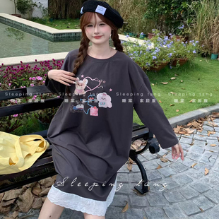 2025春秋新款 中长裙女卡通印花家居服可外穿 长袖 纯棉睡裙宽松大码