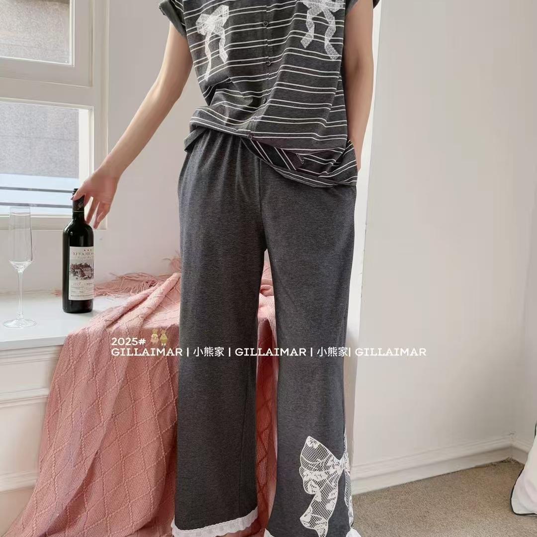 Gill Aimar小熊家睡衣女夏季短袖长裤棉质睡衣条纹蝴蝶结家居服薄